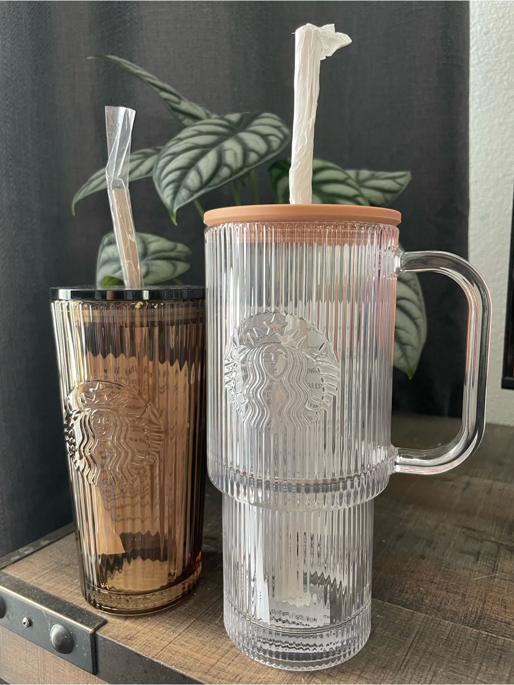 Fall 2026 Starbucks Clear Ribbed Glass Mug with Tan Lid and Amber Tumbler